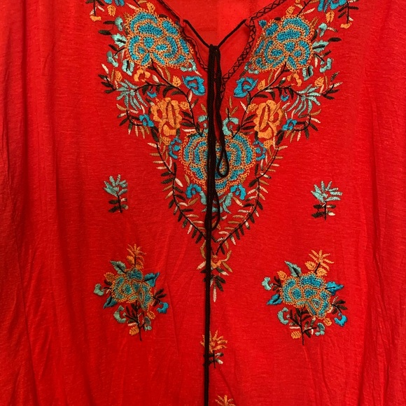 Free People Bohemian Red Embroidered Billowy Puff Bell Sleeve Top NWT - Picture 5 of 8
